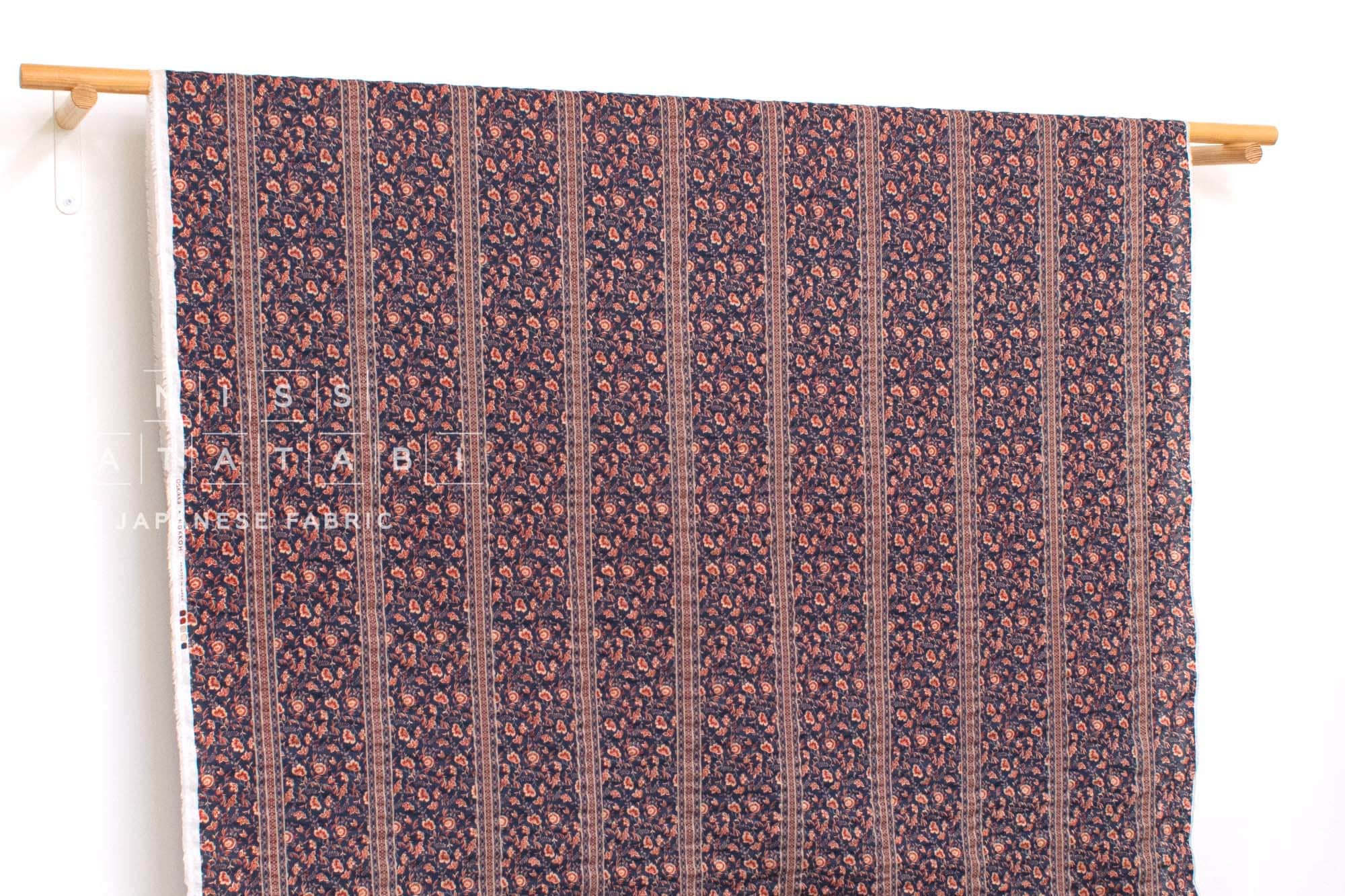 Japanese Fabric Vertical Floral Ripple - navy, red - 50cm