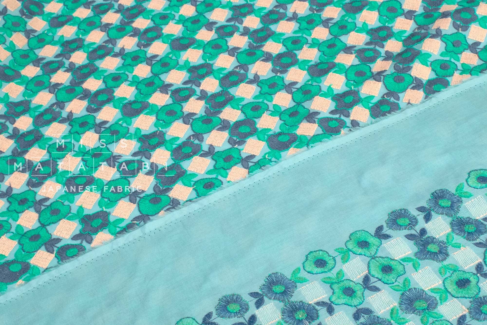Japanese Fabric Floral Embroidered Cotton Lawn - blue, green - 50cm