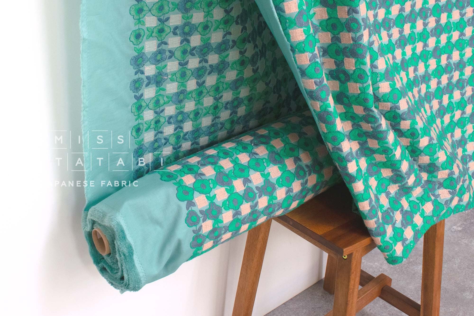 Japanese Fabric Floral Embroidered Cotton Lawn - blue, green - 50cm