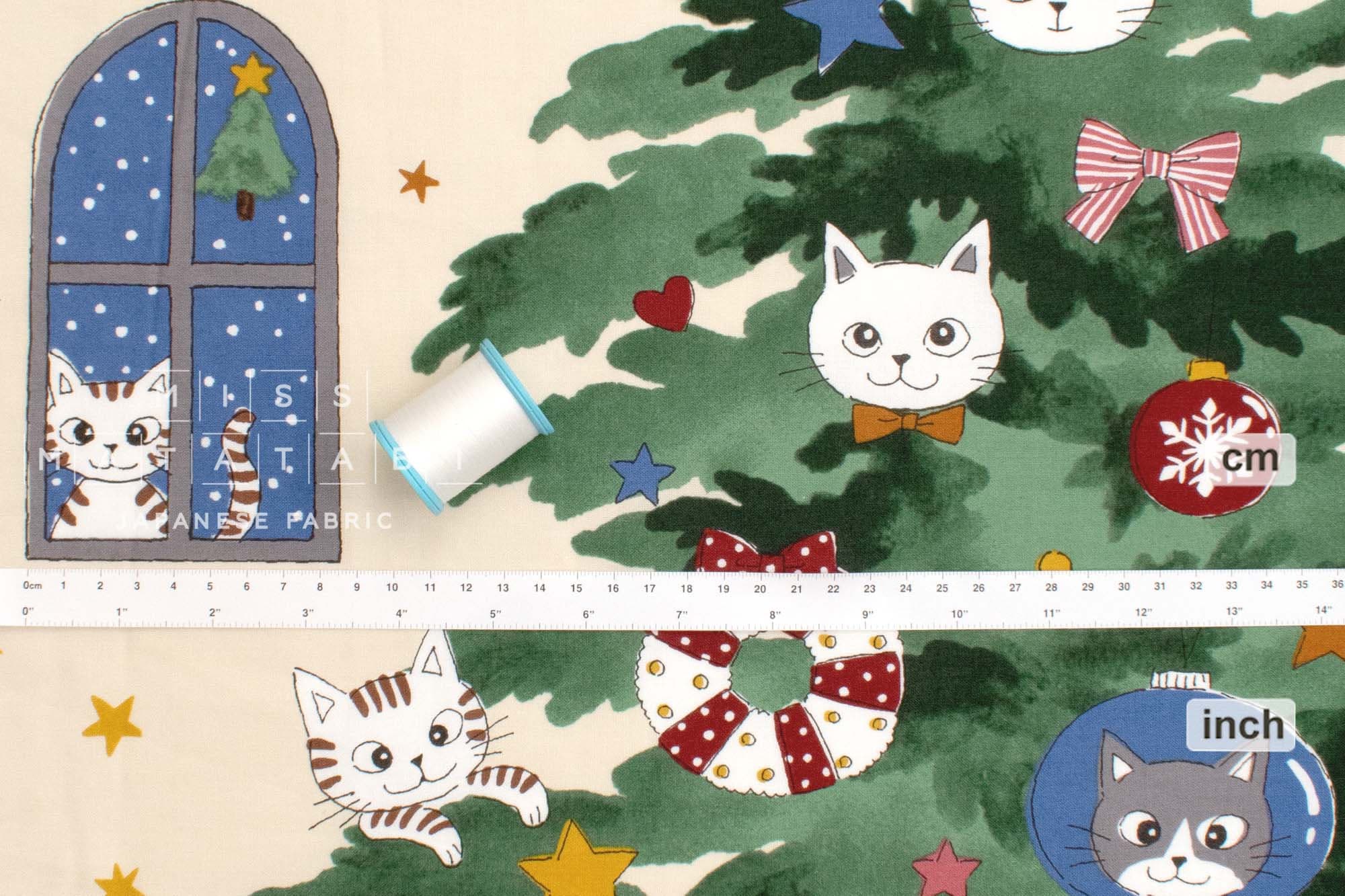 Japanese Fabric Christmas Tree Kitties Panel - 61cm