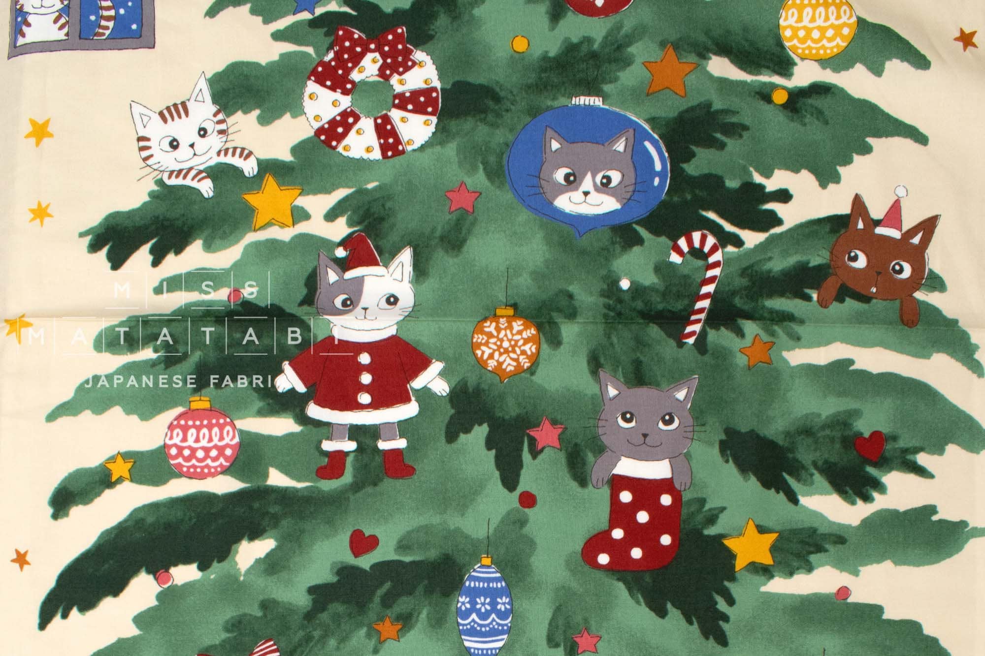 Japanese Fabric Christmas Tree Kitties Panel - 61cm