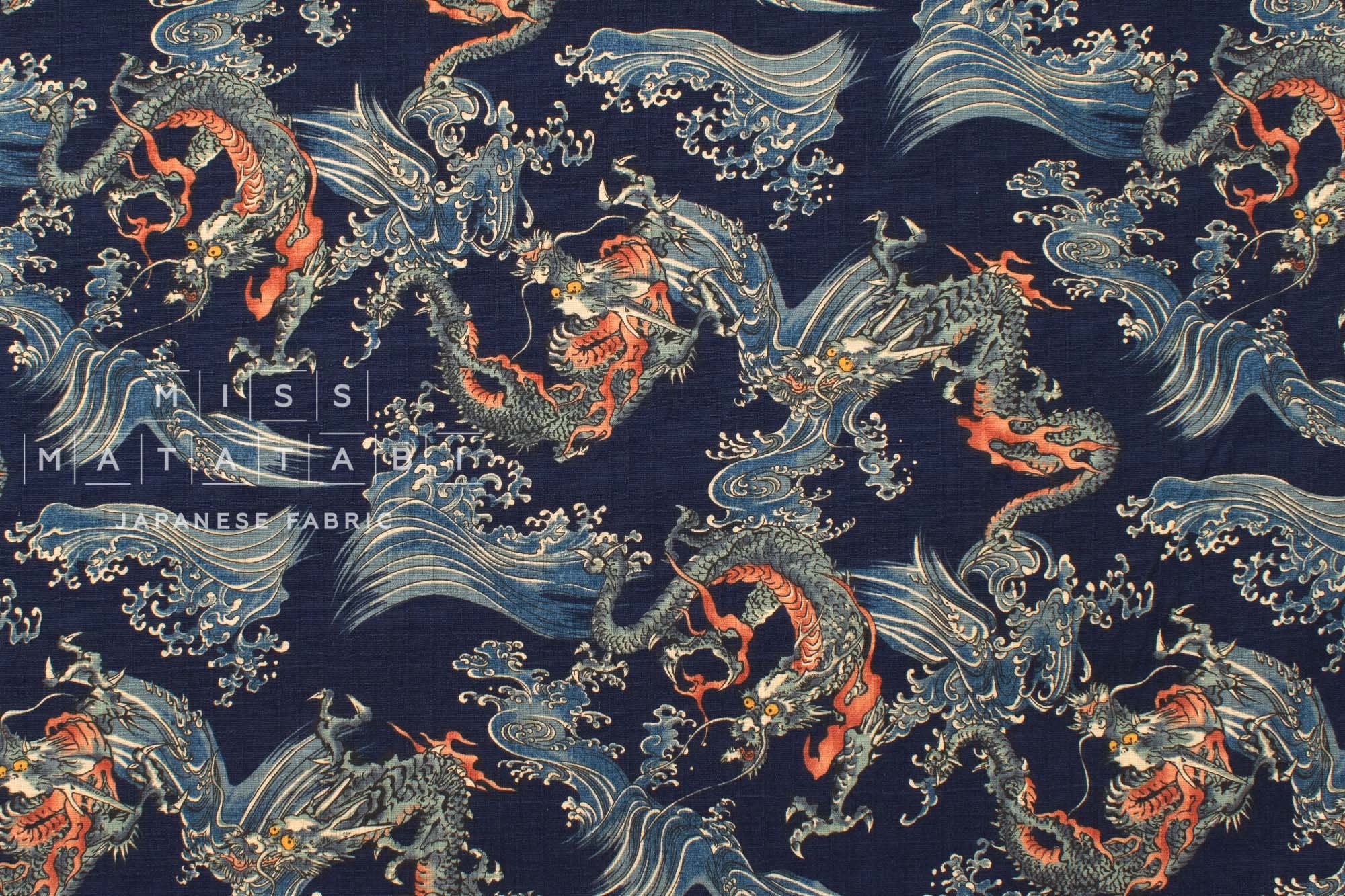 Japanese Fabric Dragon and Waves - D - 50cm