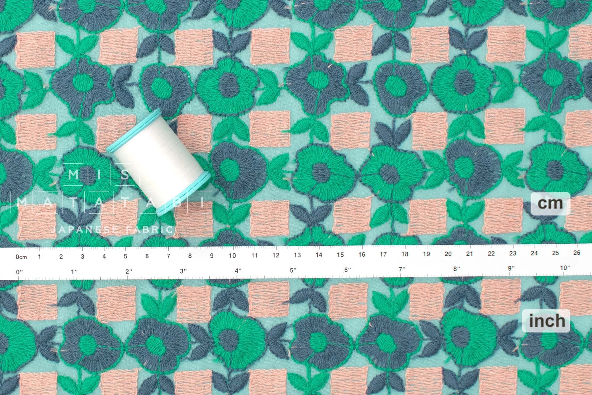 Japanese Fabric Floral Embroidered Cotton Lawn - blue, green - 50cm