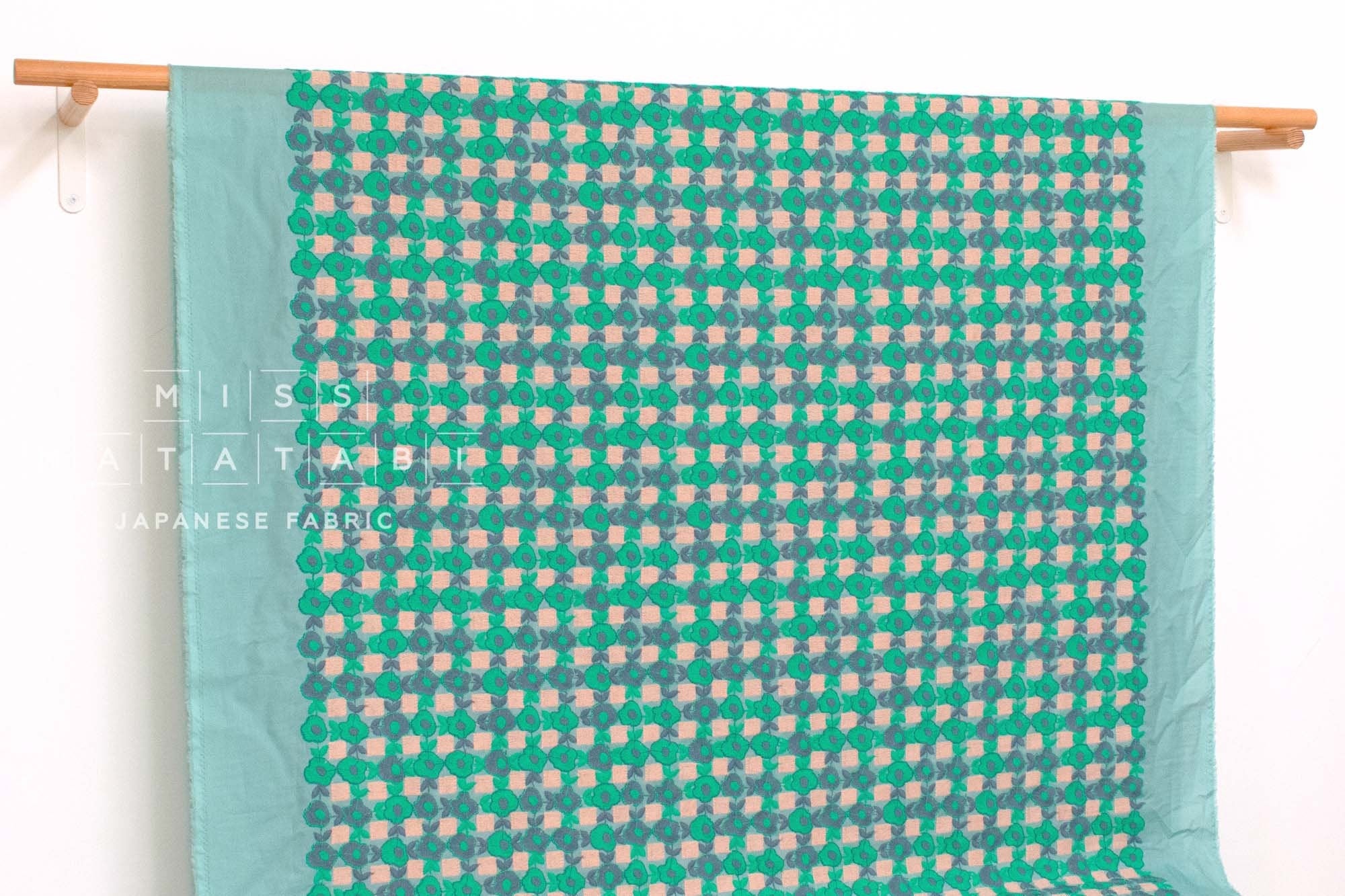 Japanese Fabric Floral Embroidered Cotton Lawn - blue, green - 50cm