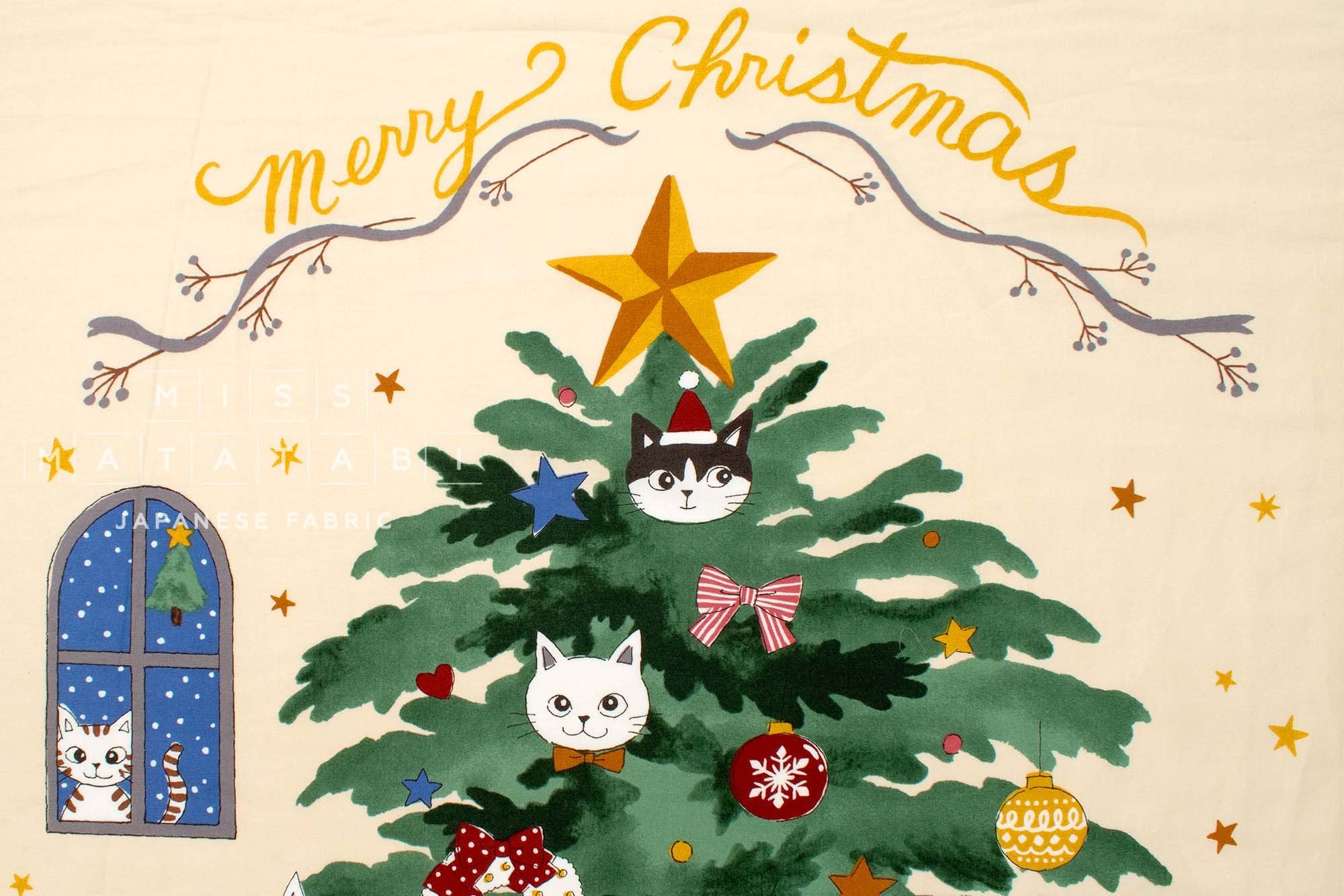 Japanese Fabric Christmas Tree Kitties Panel - 61cm