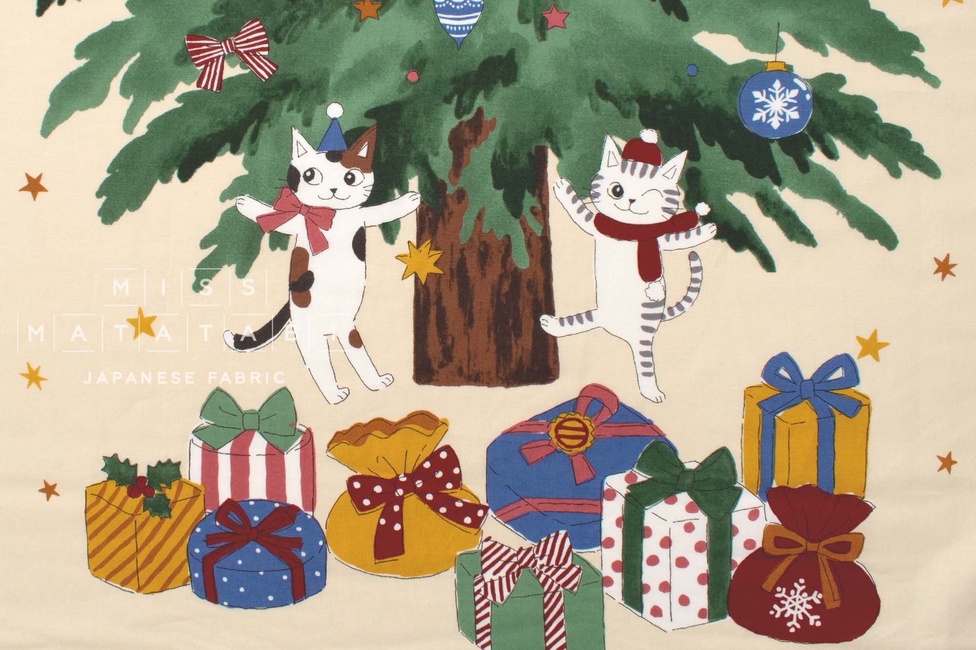 Japanese Fabric Christmas Tree Kitties Panel - 61cm
