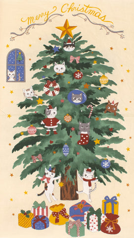 Japanese Fabric Christmas Tree Kitties Panel - 61cm