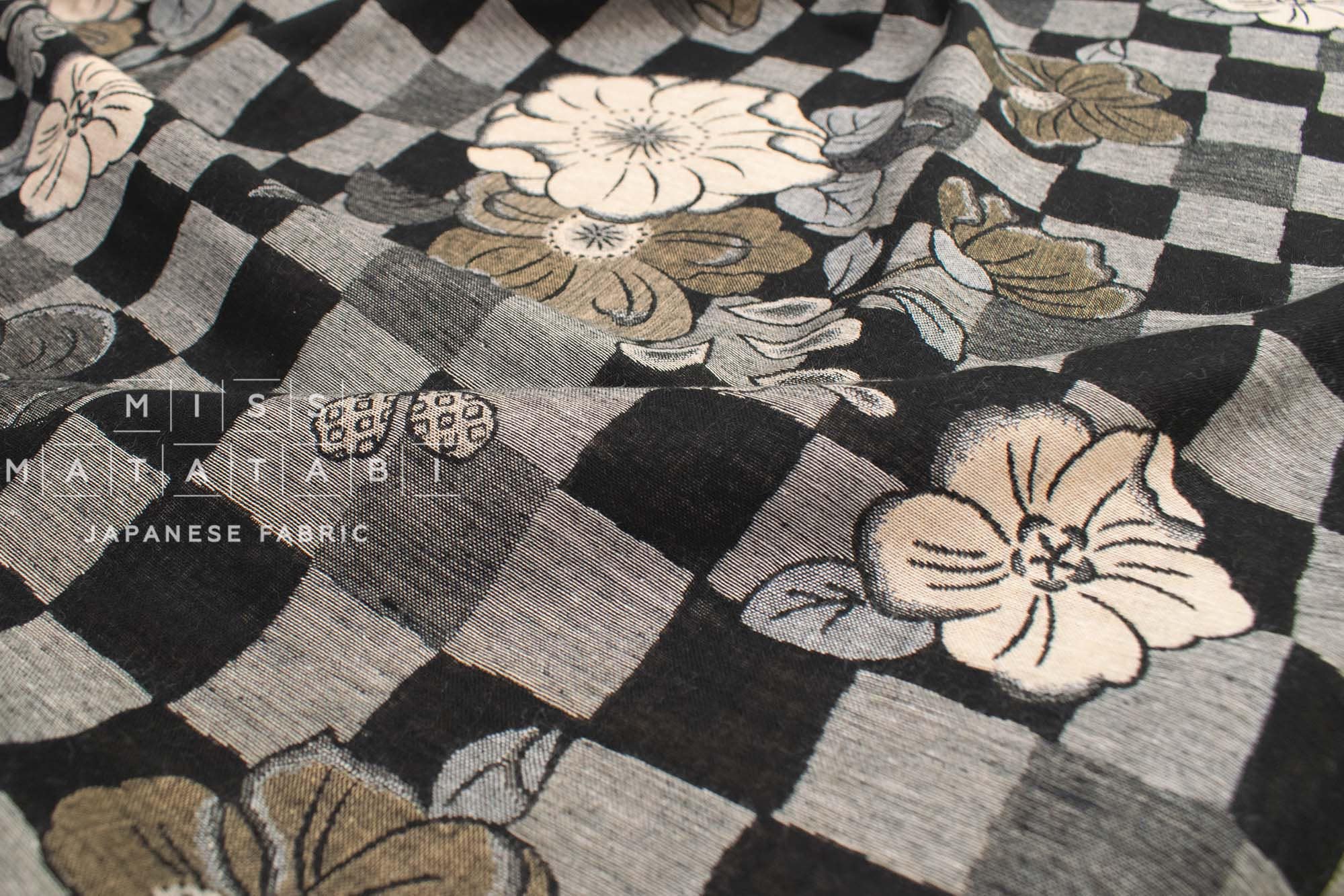 Japanese Fabric Yarn Dyed Jacquard Woven Floral Check - black, latte - 50cm
