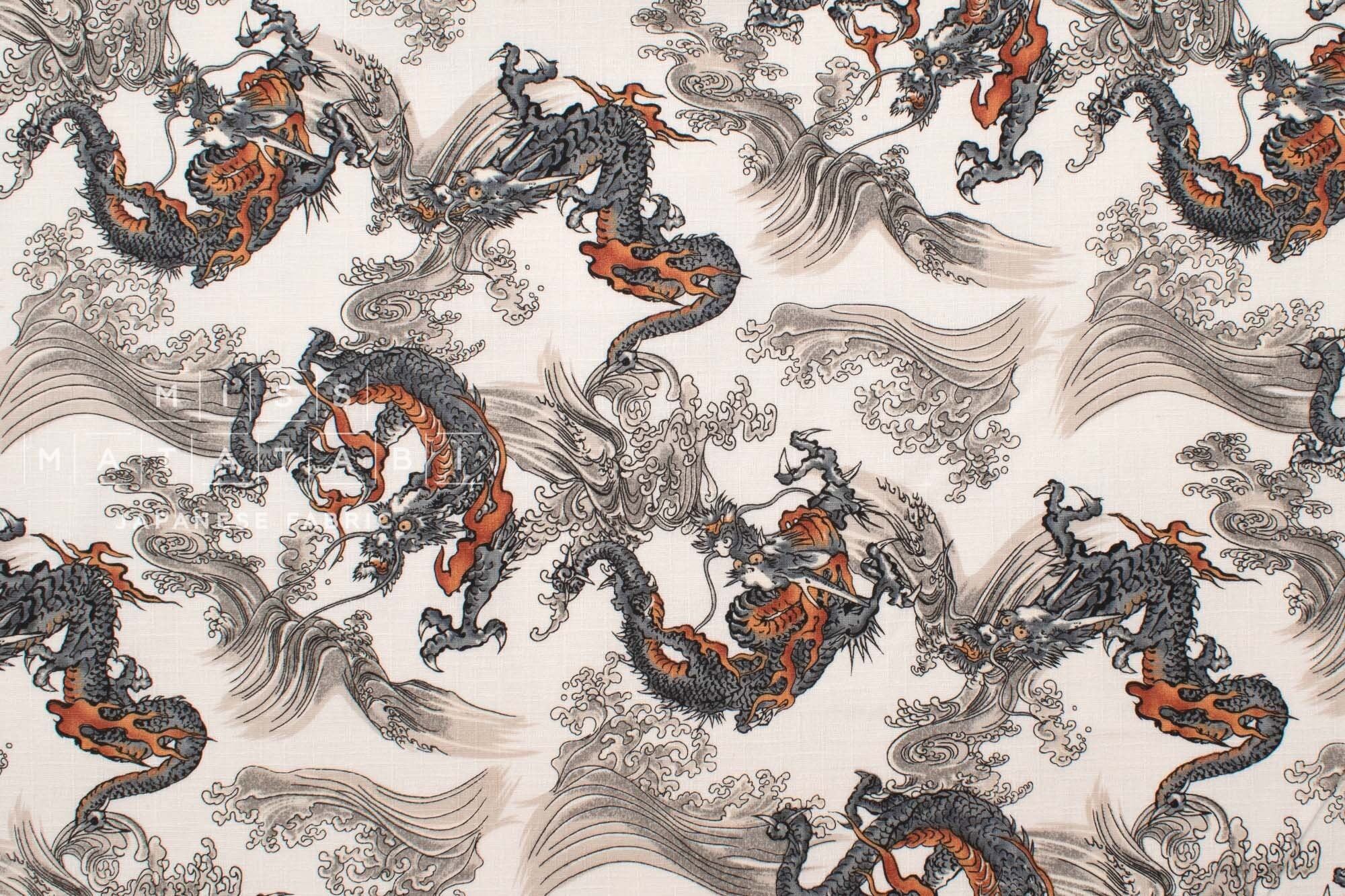 Japanese Fabric Dragon and Waves - A - 50cm