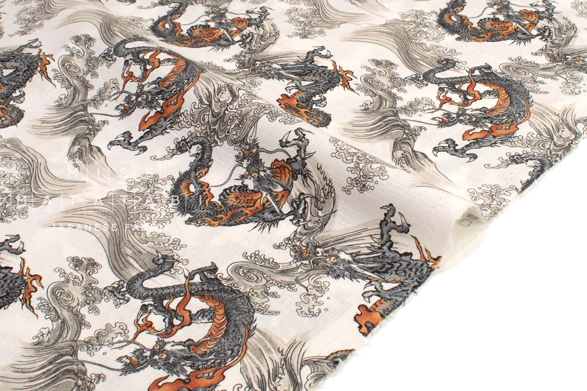 Japanese Fabric Dragon and Waves - A - 50cm