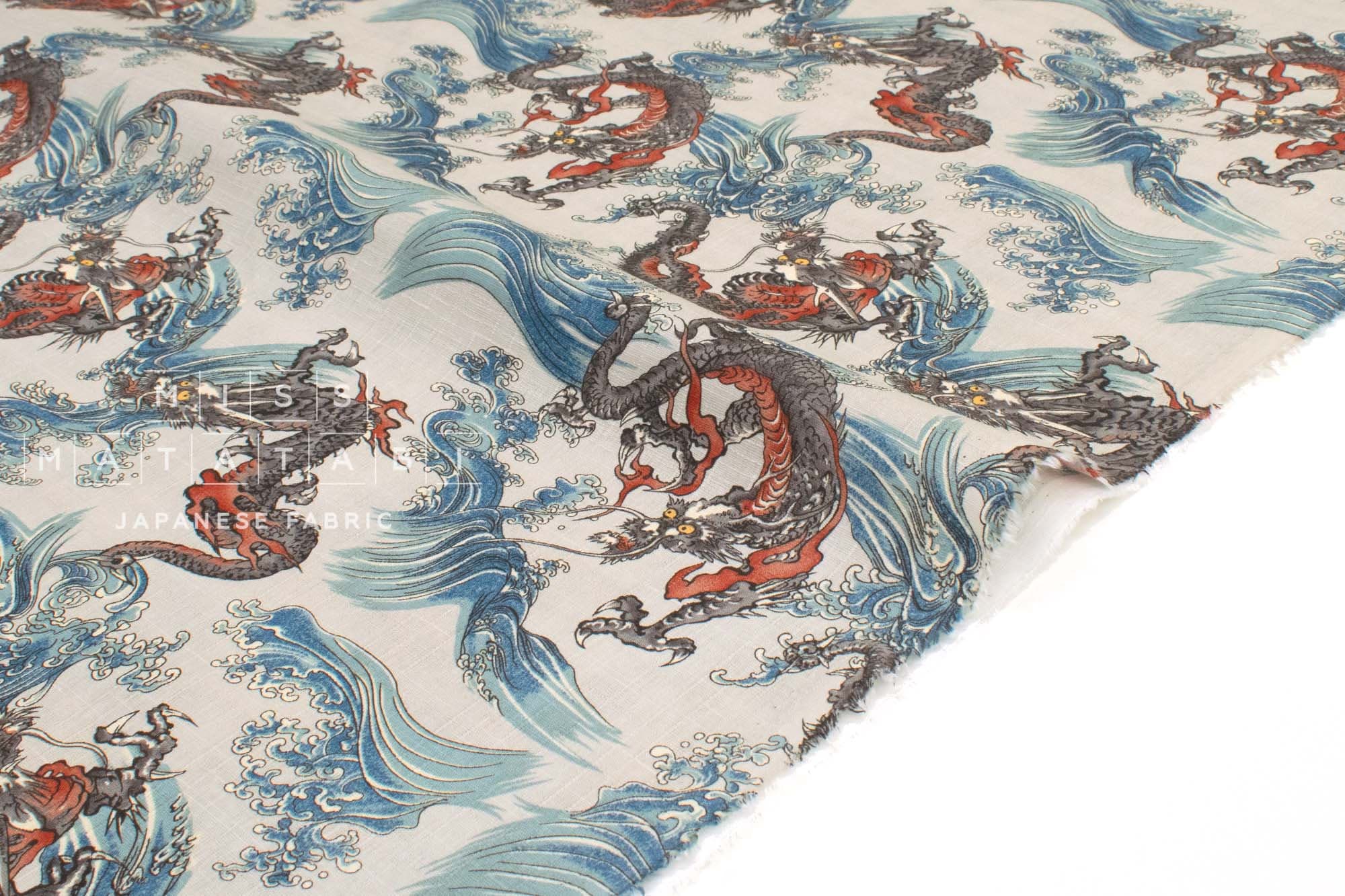 Japanese Fabric Dragon and Waves - B - 50cm