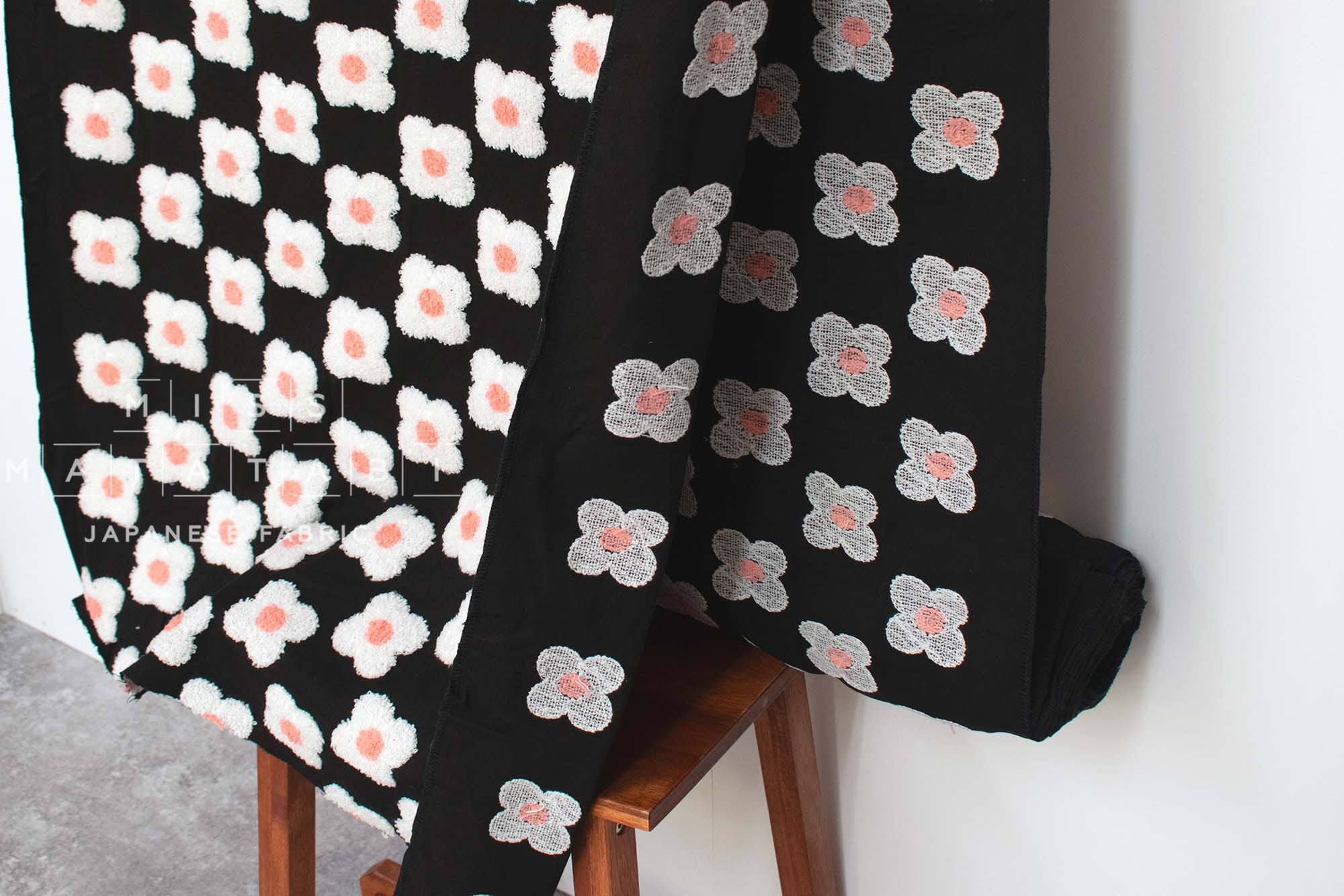 Japanese Fabric Punch Needling Style Floral Embroidery - black - 50cm