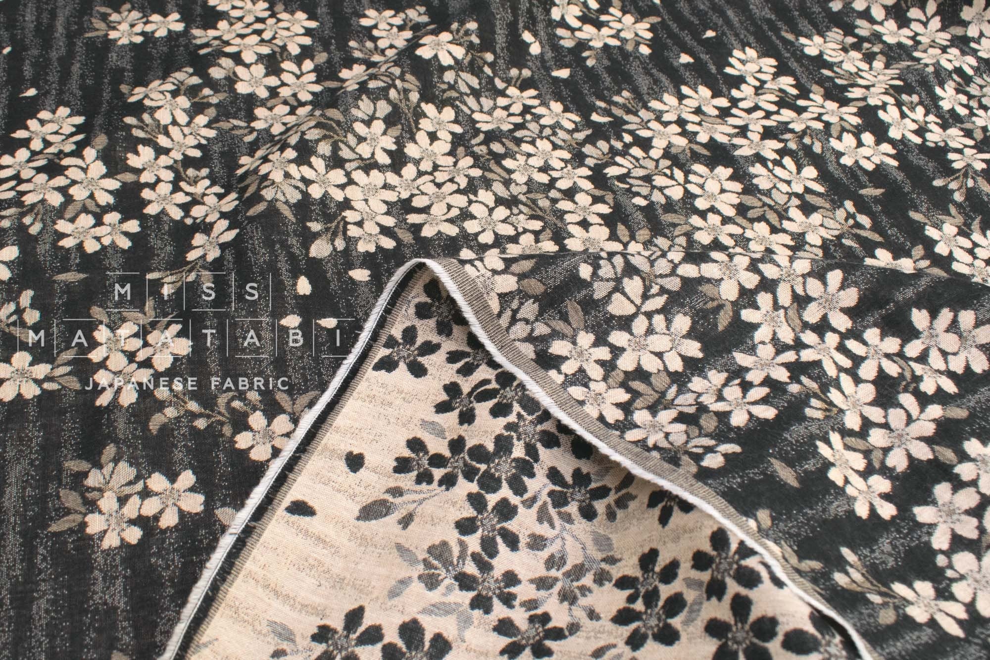Japanese Fabric - Yarn Dyed Woven Falling Sakura Jacquard - black, latte - 50cm