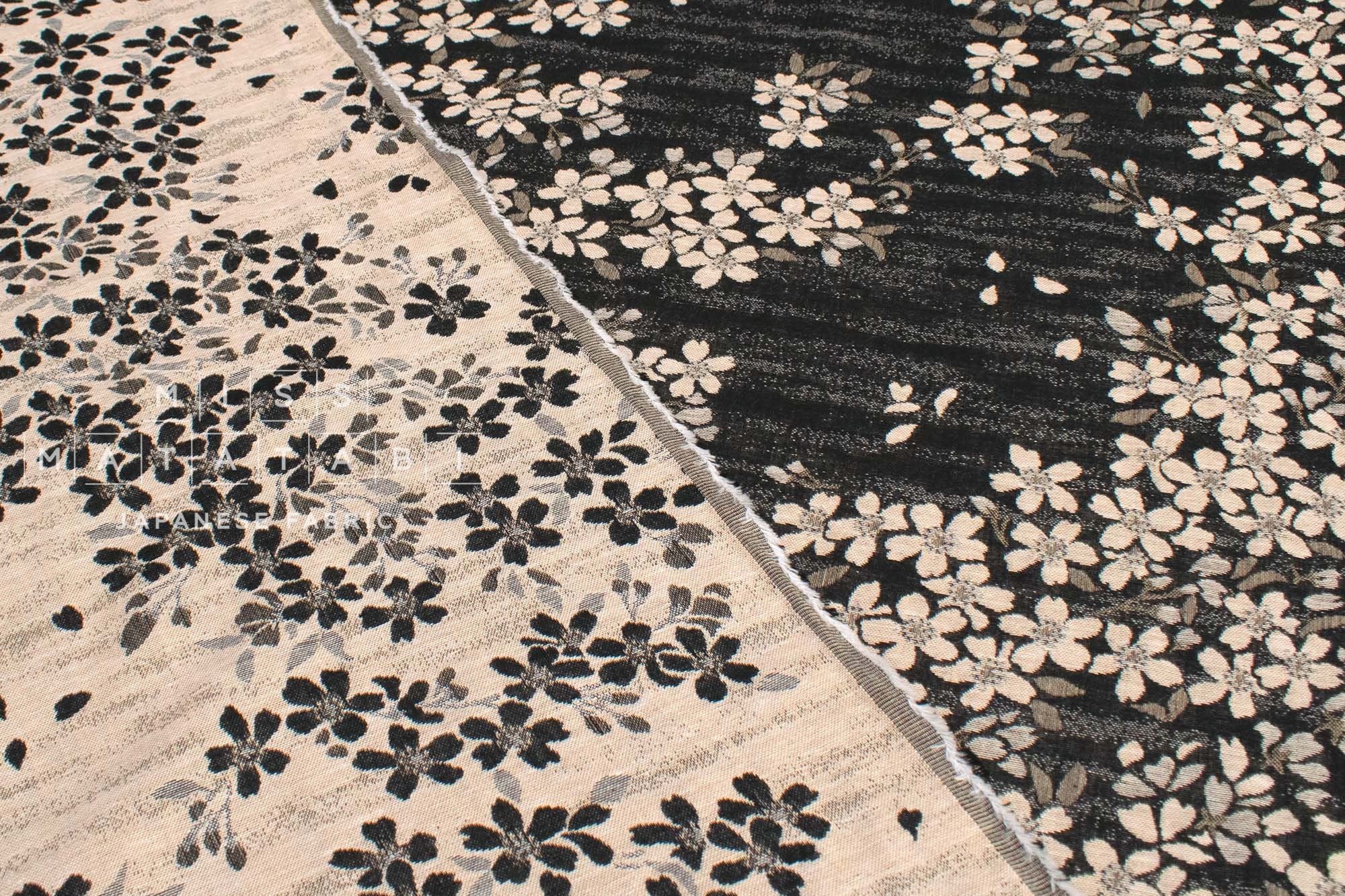 Japanese Fabric - Yarn Dyed Woven Falling Sakura Jacquard - black, latte - 50cm