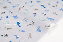 Japanese Fabric Sharks Double Gauze - light grey, blue - 50cm