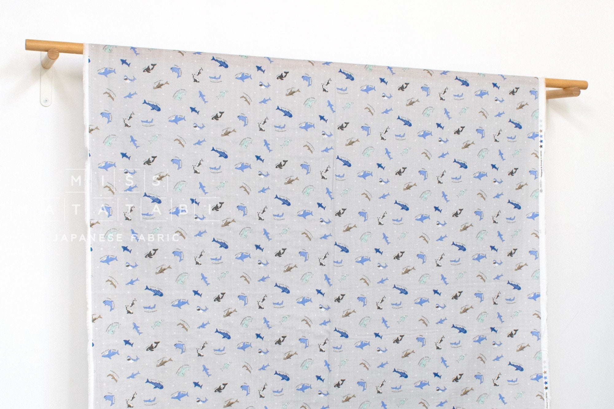 Japanese Fabric Sharks Double Gauze - light grey, blue - 50cm