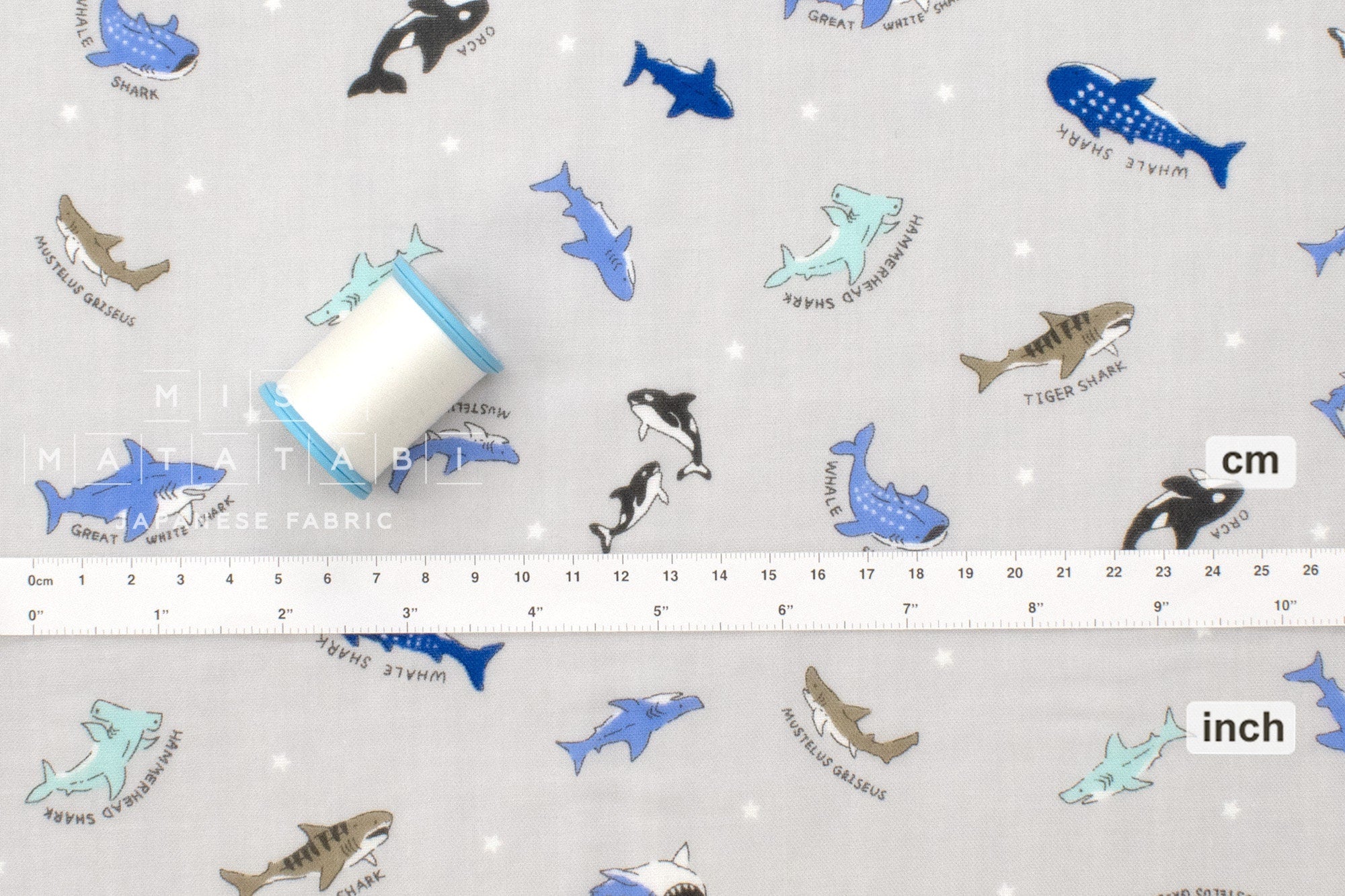Japanese Fabric Sharks Double Gauze - light grey, blue - 50cm
