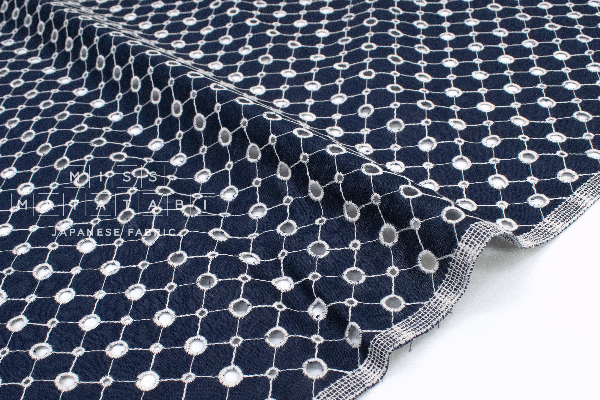 DEADSTOCK - Japanese Fabric Embroidered Eyelet Linen - navy - 50cm