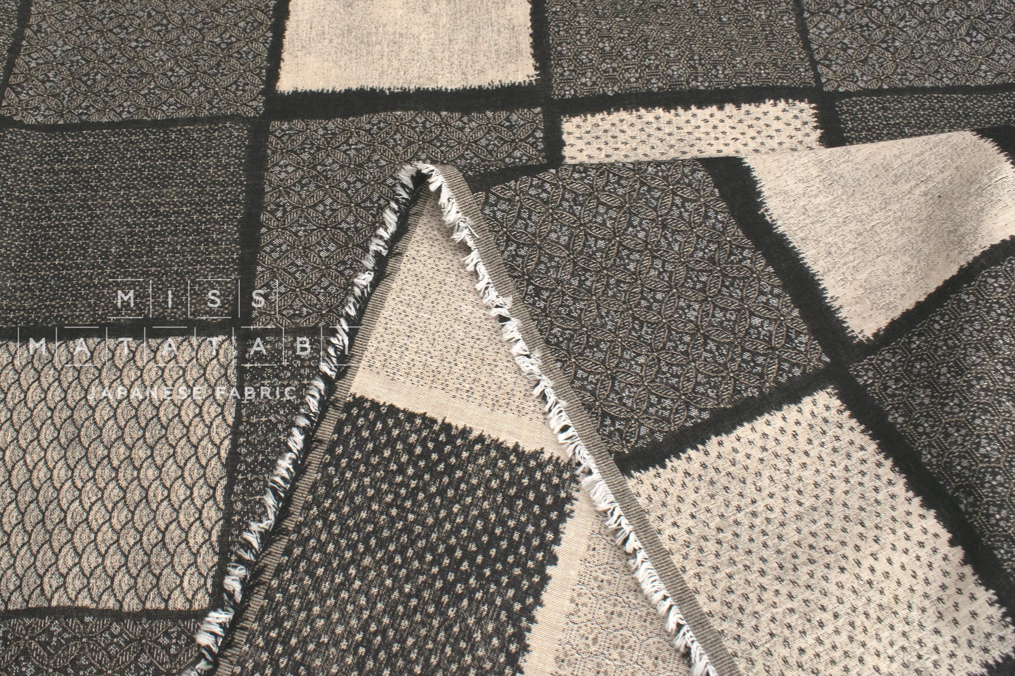 Japanese Fabric Yarn Dyed Woven Jacquard Patch - black, latte - 50cm