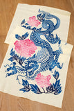 Shokunin Collection Hand-printed Chusen Japanese Tenugui Fabric - Year of the Dragon 2024 - Peony Dragon - pink, blue - 50cm