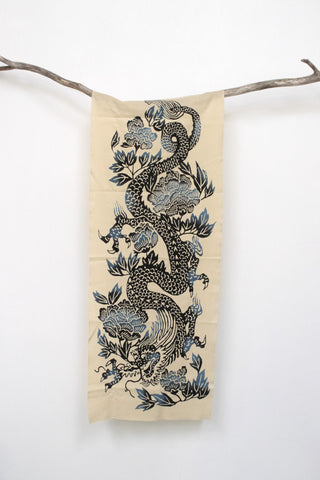 Shokunin Collection Hand-printed Chusen Japanese Tenugui Fabric - Year of the Dragon 2024 - Peony Dragon - blue, indigo - 50cm