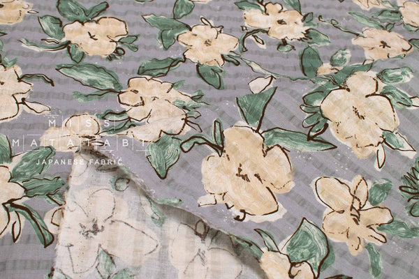 Japanese Fabric Cotton Linen Ripple Drawn Floral - D - 50cm