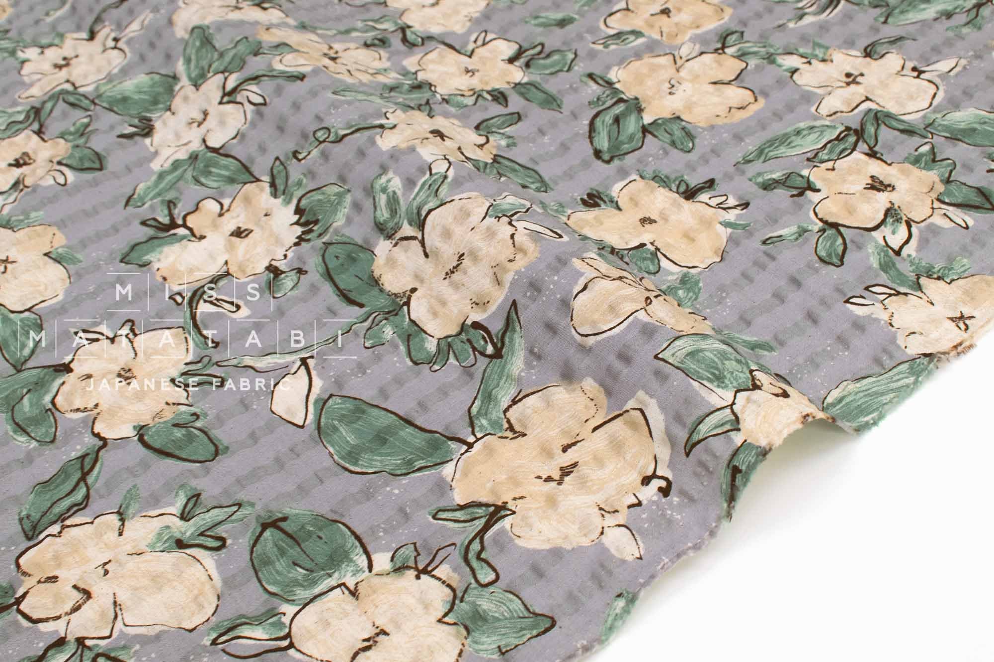 Japanese Fabric Cotton Linen Ripple Drawn Floral - D - 50cm