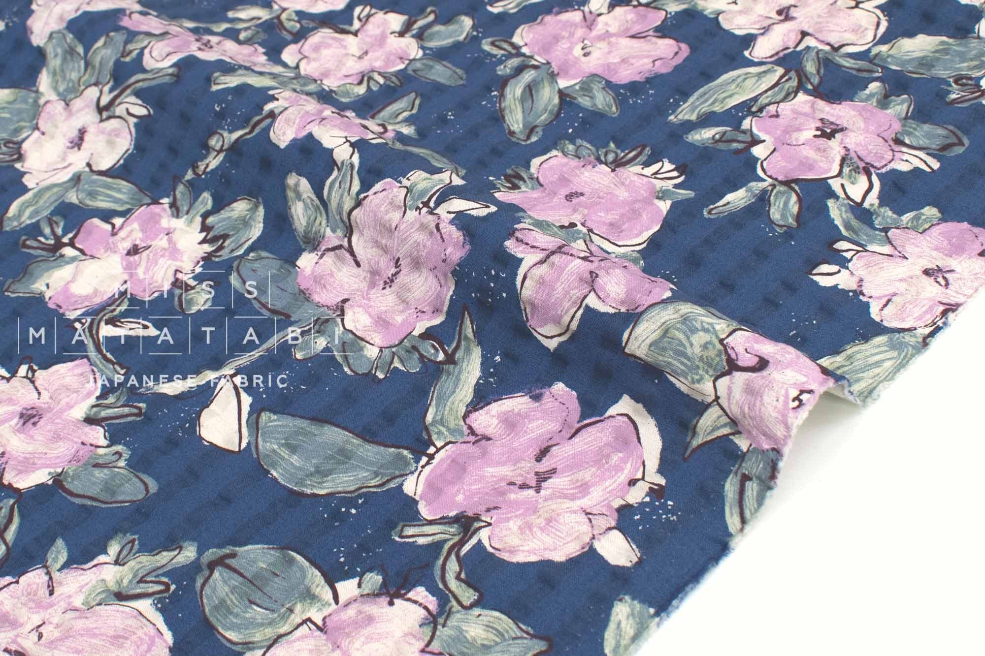 Japanese Fabric Cotton Linen Ripple Drawn Floral - E - 50cm