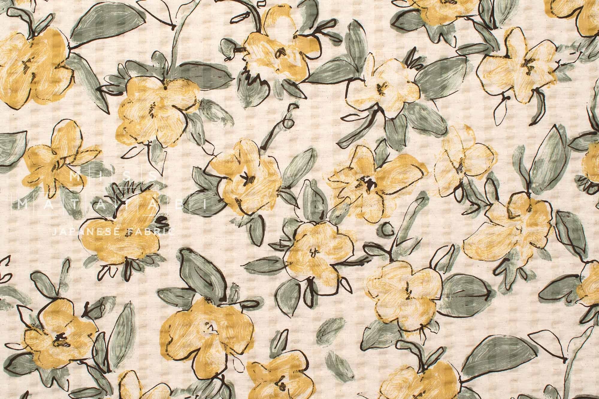 Japanese Fabric Cotton Linen Ripple Drawn Floral - A - 50cm