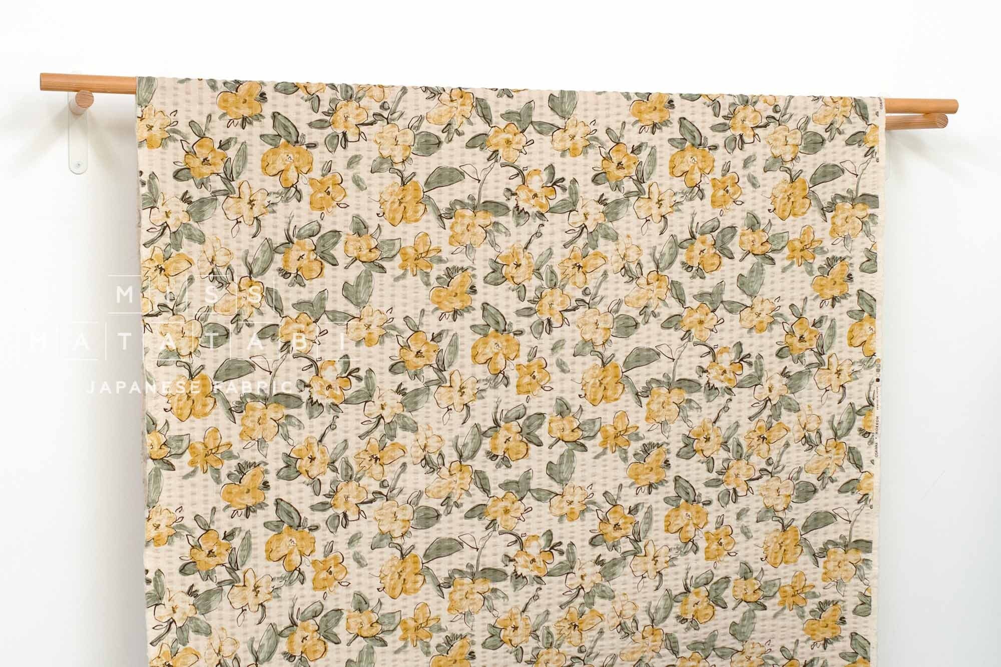 Japanese Fabric Cotton Linen Ripple Drawn Floral - A - 50cm