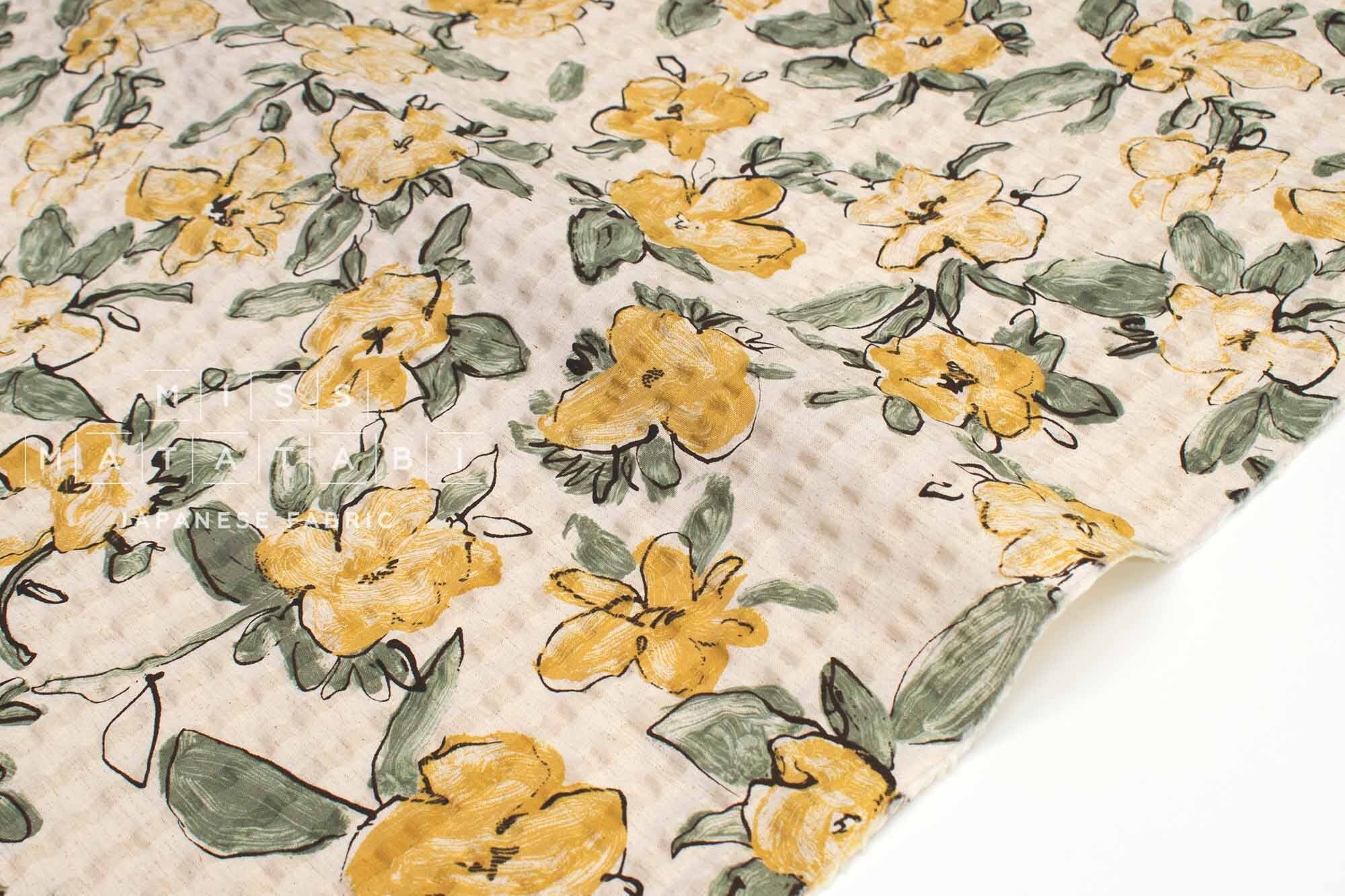 Japanese Fabric Cotton Linen Ripple Drawn Floral - A - 50cm