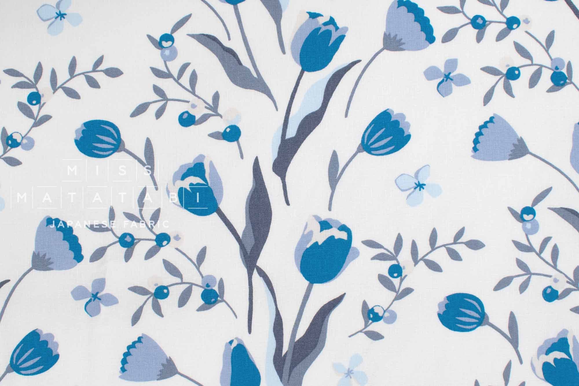 Japanese Fabric Peaceful Floral - white, blue - 50cm