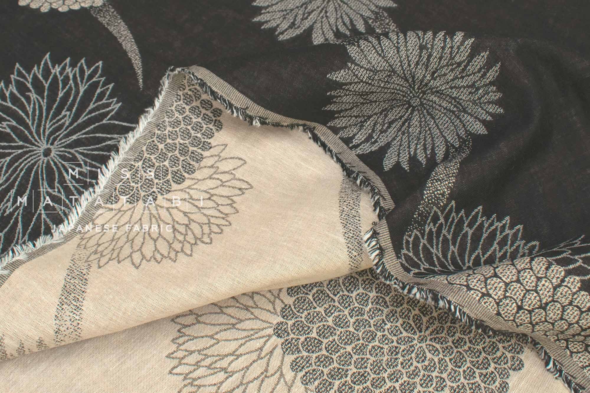 Japanese Fabric Yarn Dyed Jacquard Woven Kiku Like Fireworks - black, latte - 50cm