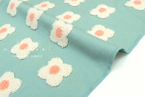 Japanese Fabric Punch Needling Style Floral Embroidery - green blue - 50cm