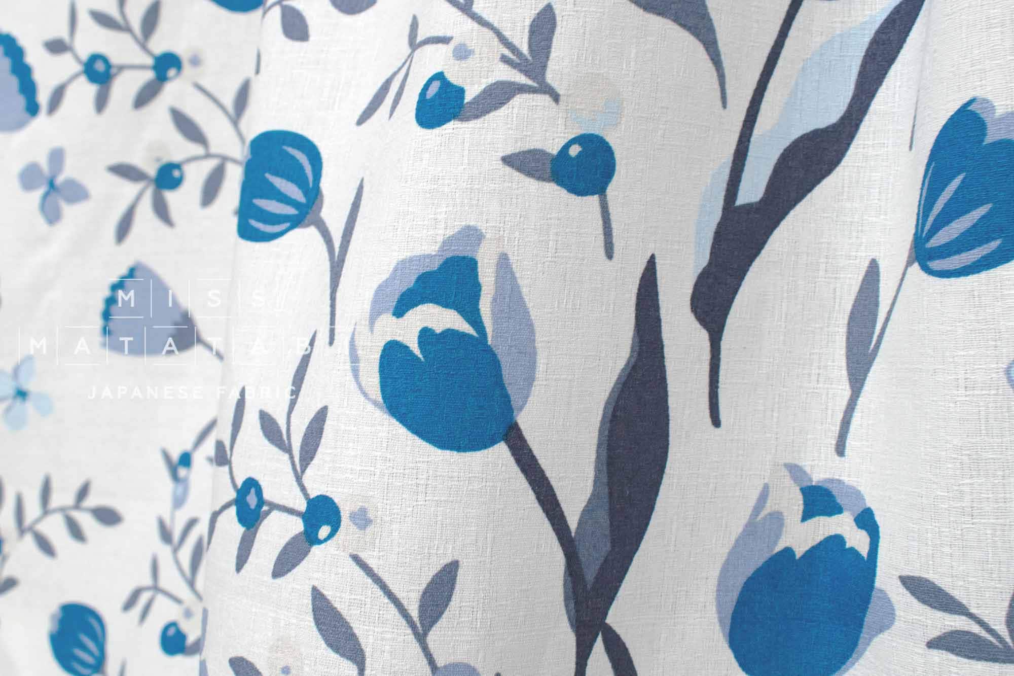 Japanese Fabric Peaceful Floral - white, blue - 50cm