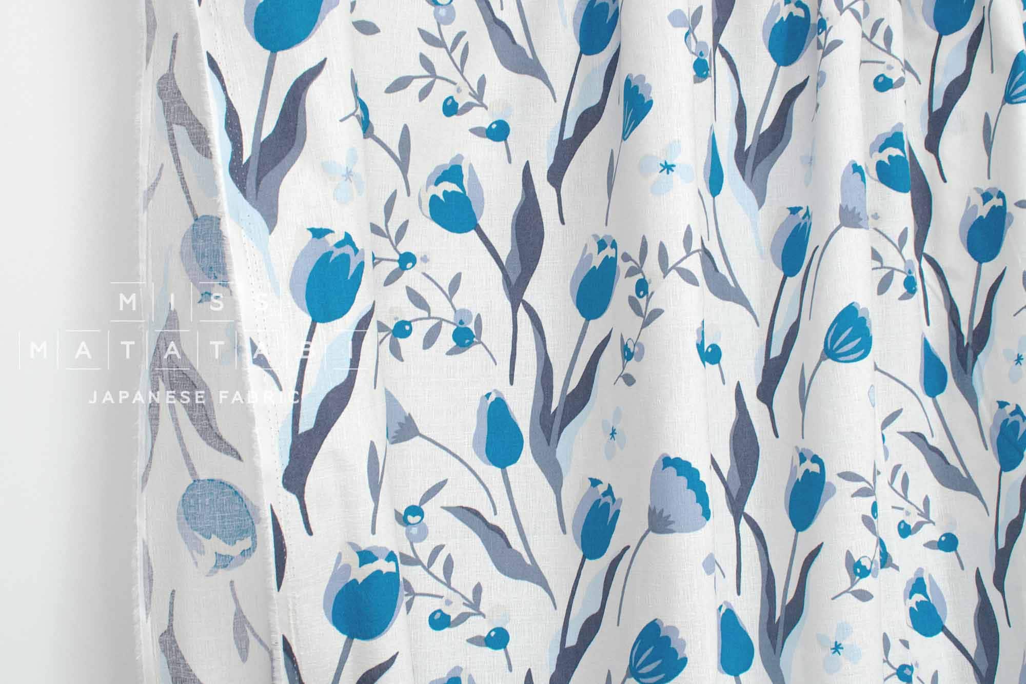 Japanese Fabric Peaceful Floral - white, blue - 50cm