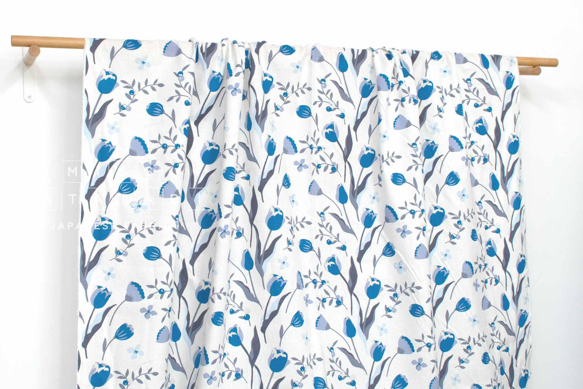 Japanese Fabric Peaceful Floral - white, blue - 50cm