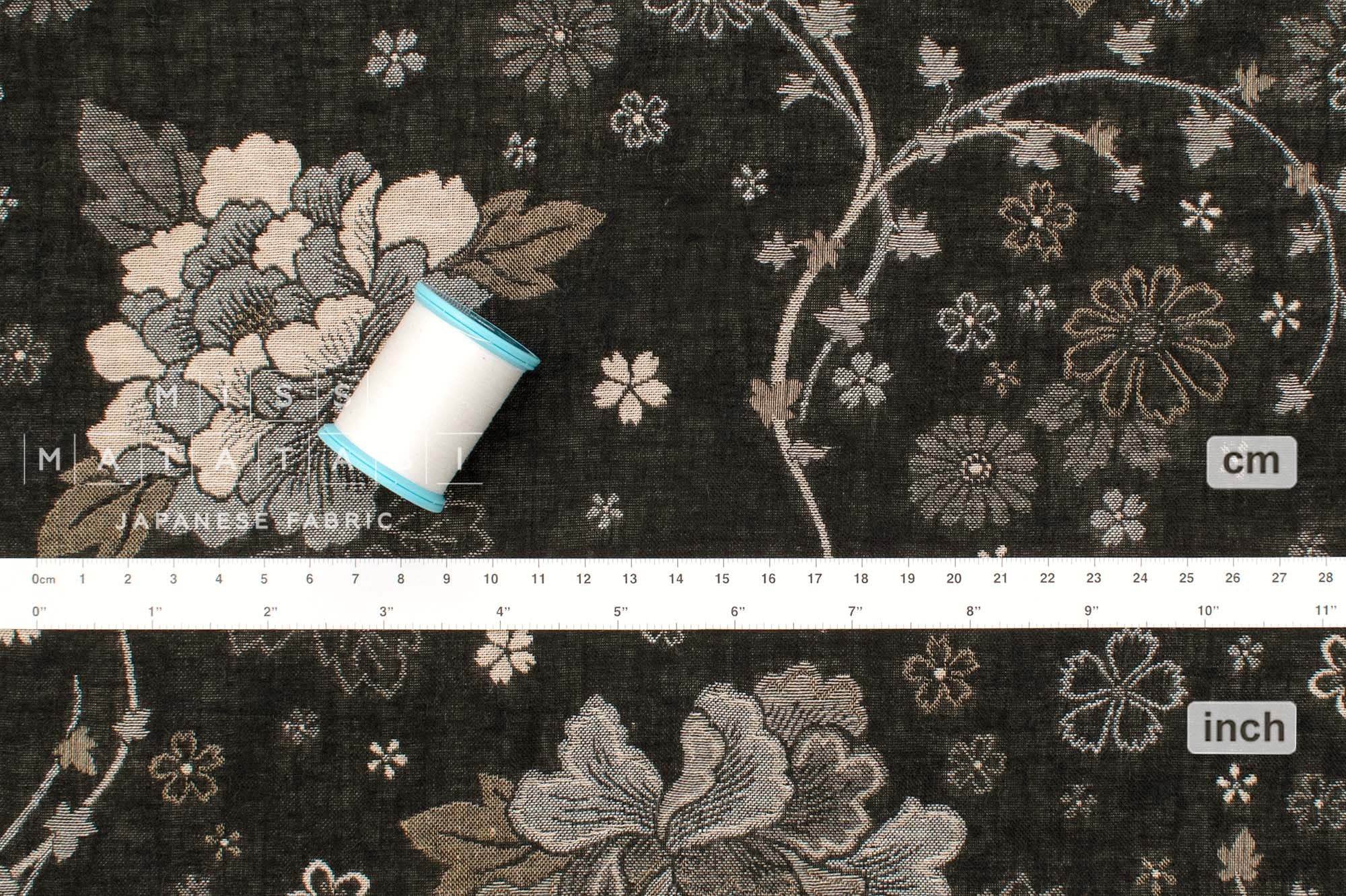 Japanese Fabric Yarn Dyed Jacquard Peony II - black, latte - 50cm