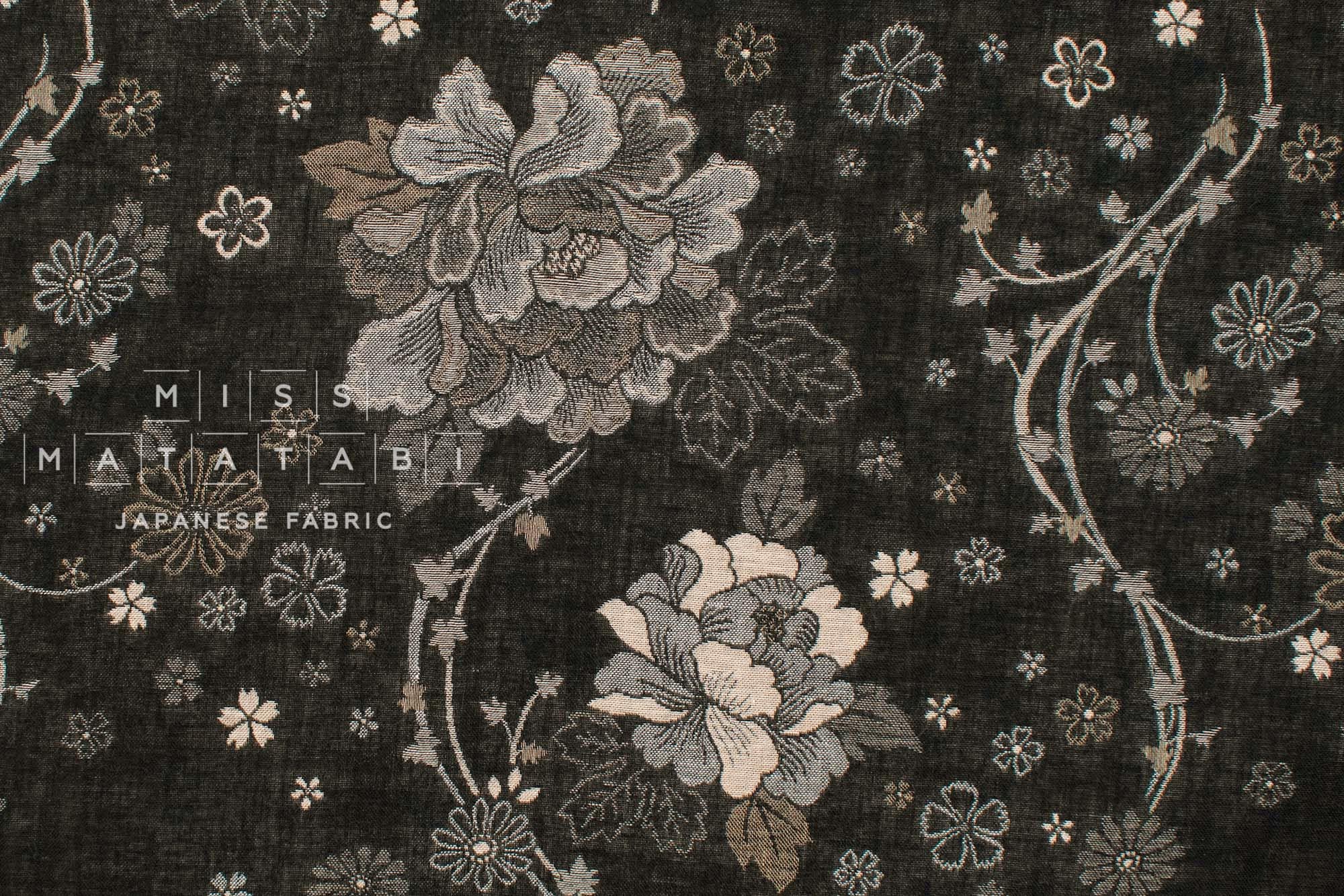 Japanese Fabric Yarn Dyed Jacquard Peony II - black, latte - 50cm