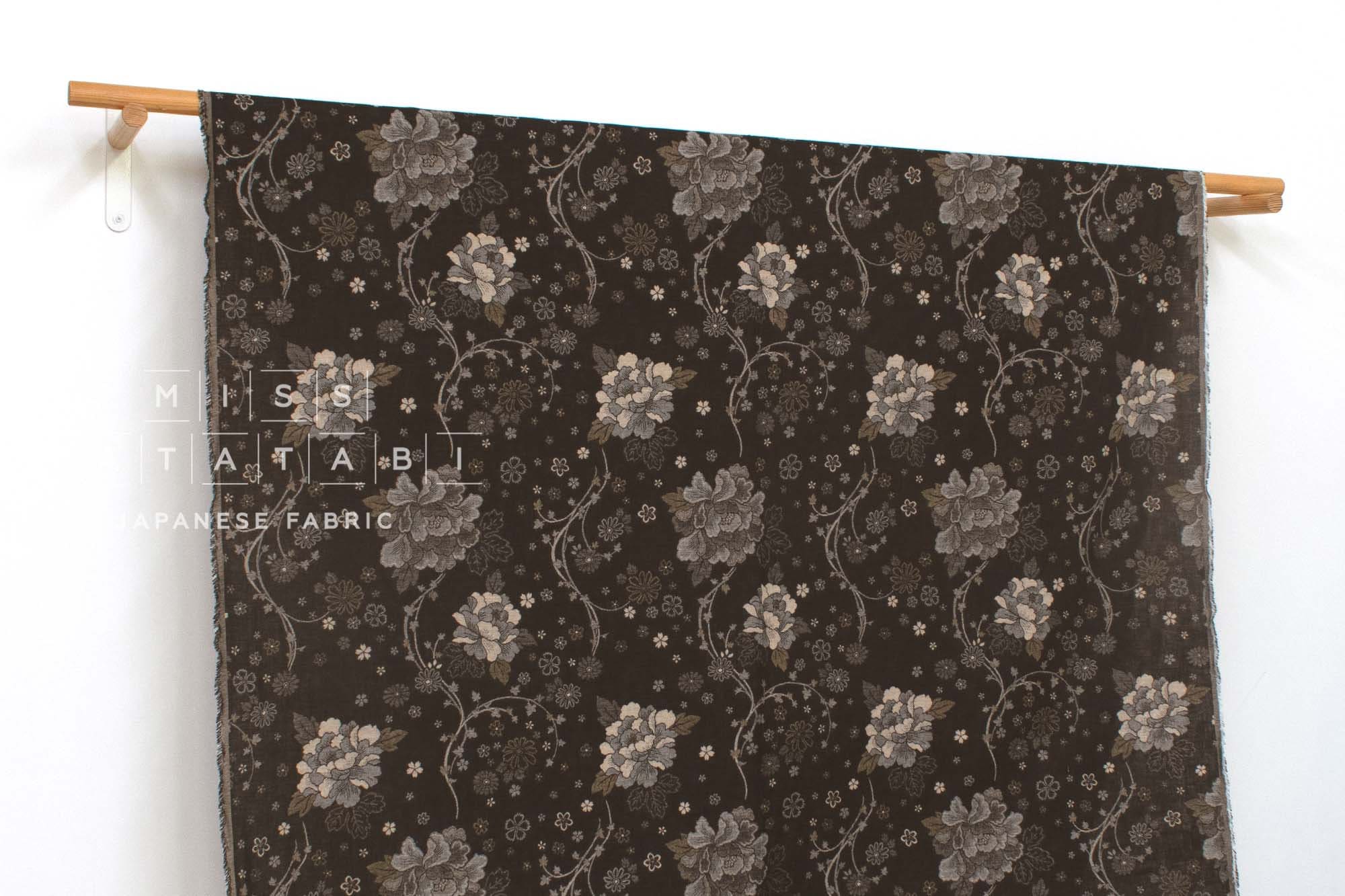 Japanese Fabric Yarn Dyed Jacquard Peony II - black, latte - 50cm