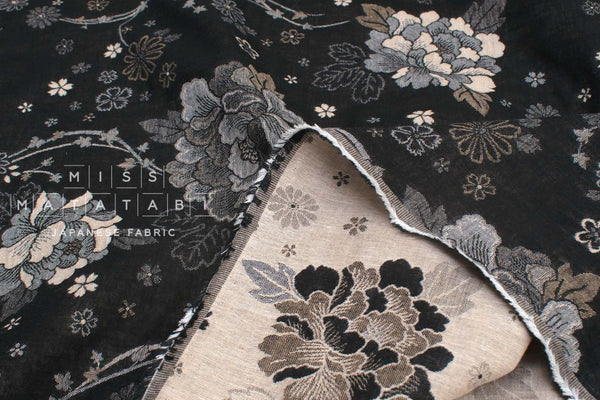 Japanese Fabric Yarn Dyed Jacquard Peony II - black, latte - 50cm